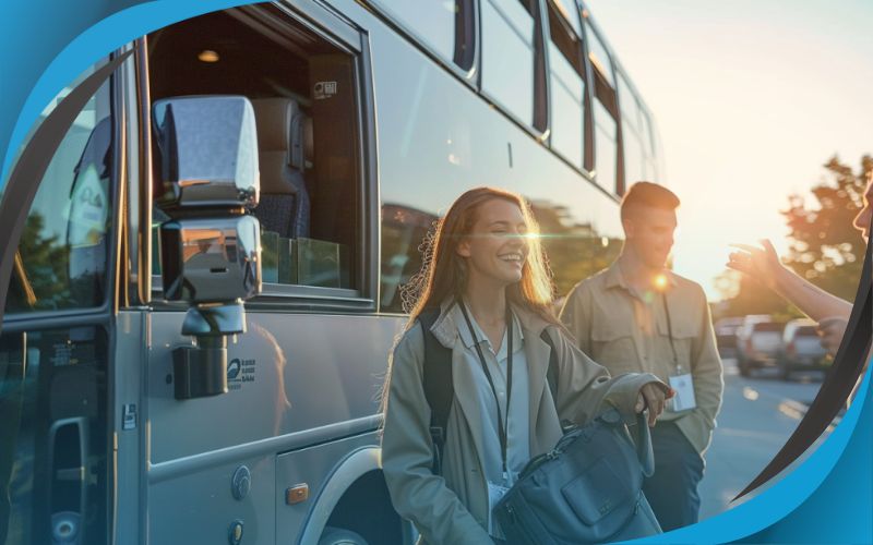 employees standing and smiling in front of a coach, budget-friendly coach hire, May 2024, Australia